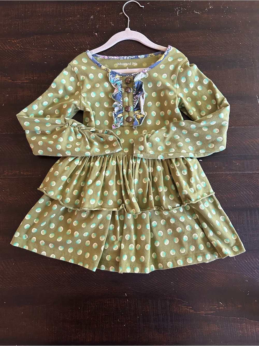 Mustard Pie Olive Green Dress with Mint Polka Dots and Ruffle Placket